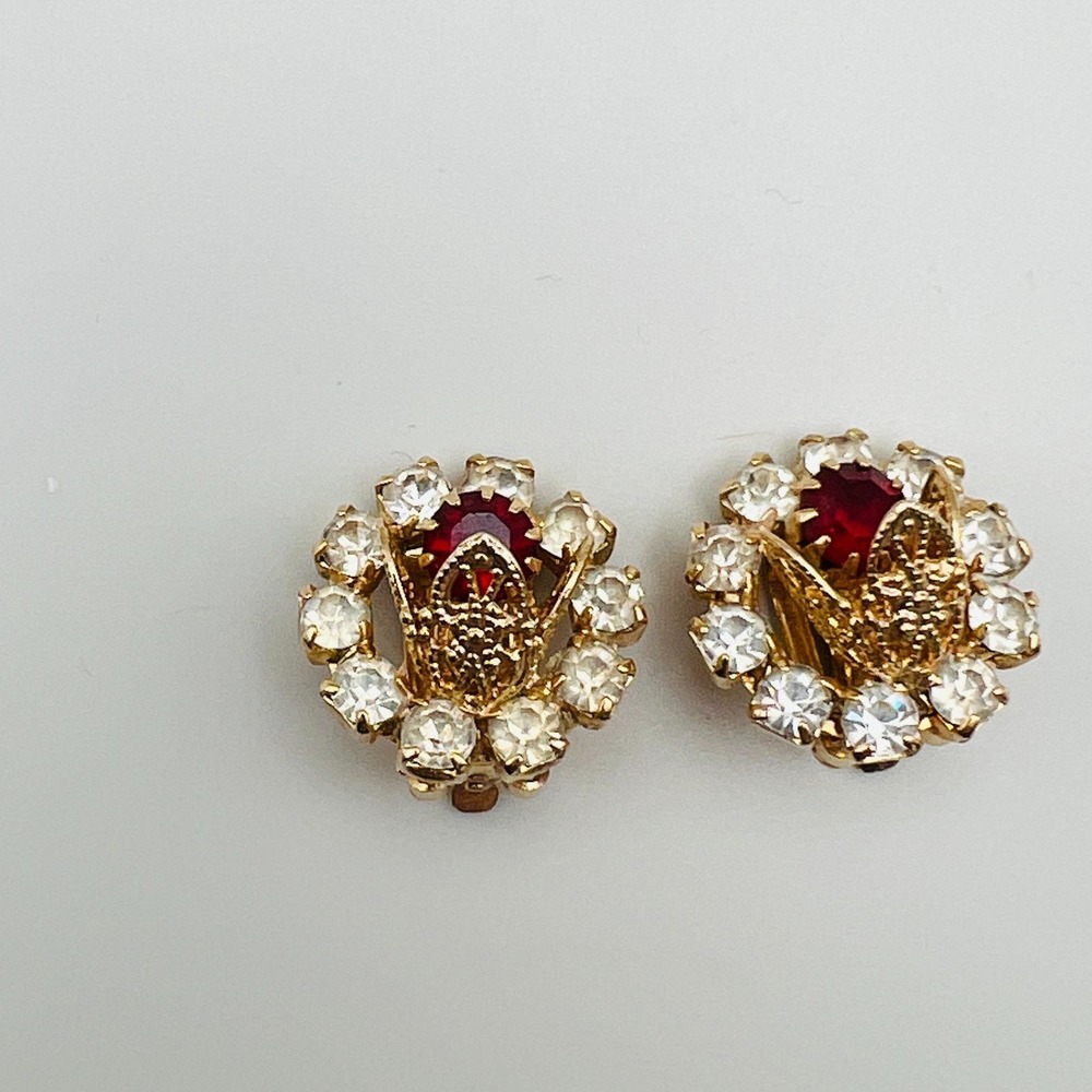 Vintage Clip On Earrings Floral Halo Ruby Red Clear Rhinestone Gold Tone
